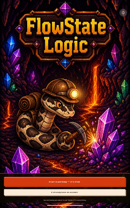 FlowState Logic title screen with O.B. exploring a glowing crystal cave