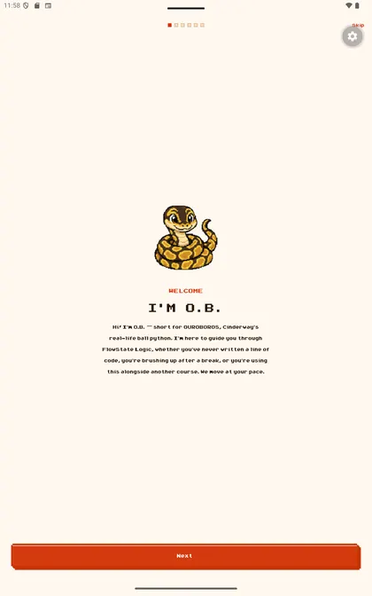 Meet O.B. onboarding screen introducing the learner's companion