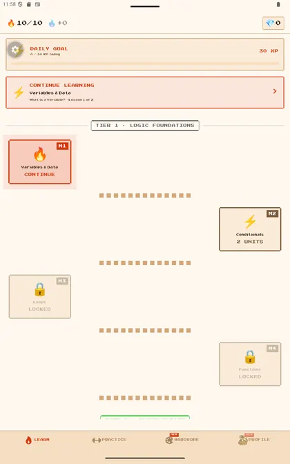 Learning path with Python lesson tiers, progress markers, and daily goal