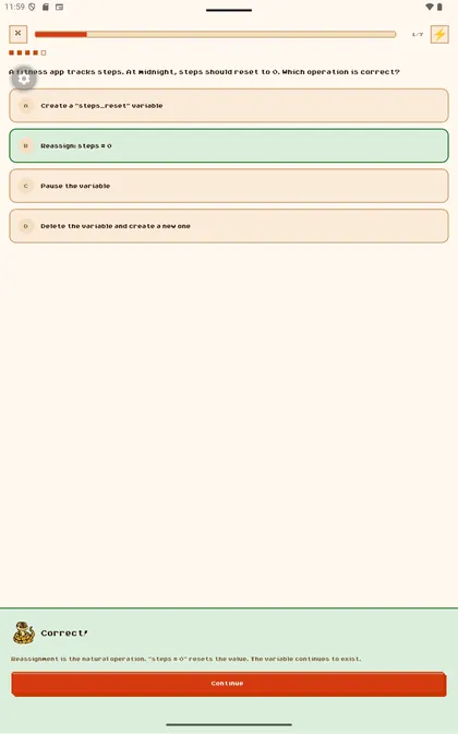 Interactive Python logic question with answer choices and O.B. feedback