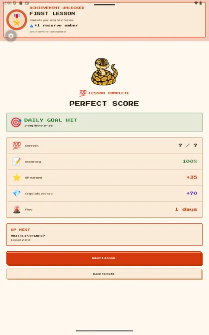 Perfect lesson score showing rewards, accuracy, XP, and streak progress