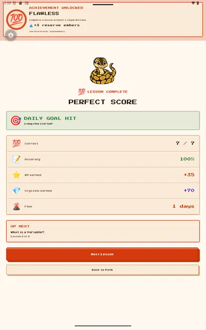 Lesson results with daily goal completion and earned rewards