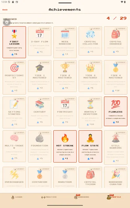 Achievement collection showing lesson, streak, and mastery awards