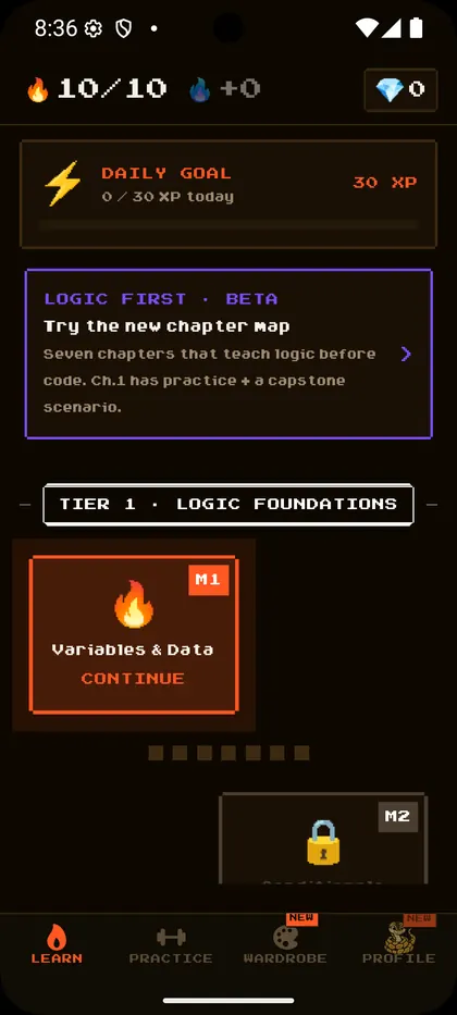 Dark-theme mobile learning path for the Logic First beta curriculum