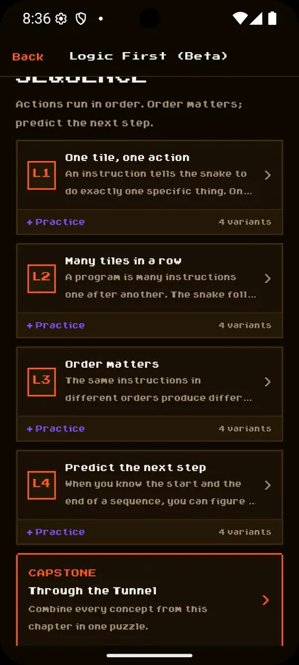 Dark-theme chapter outline listing lessons and capstone activities
