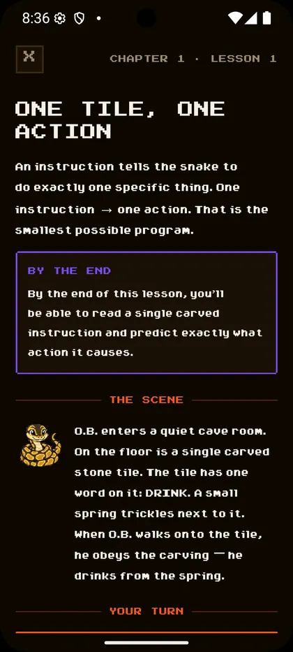 Dark-theme lesson explaining how one action moves a tile