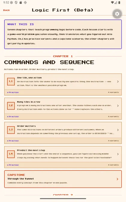 Commands and Sequence chapter overview with lesson cards