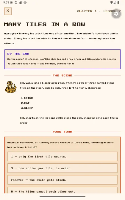 Many Tiles in a Row lesson with story context and learner choices