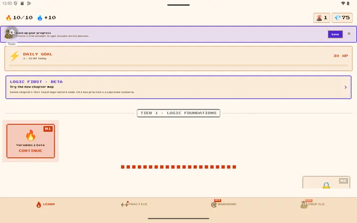 Landscape tablet learning path with chapter progress